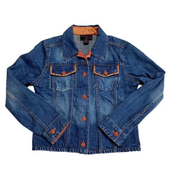 Vintage Bohemian Orange Jewel Button Blue Denim Trucker Jacket Sz S - Picture 6 of 16
